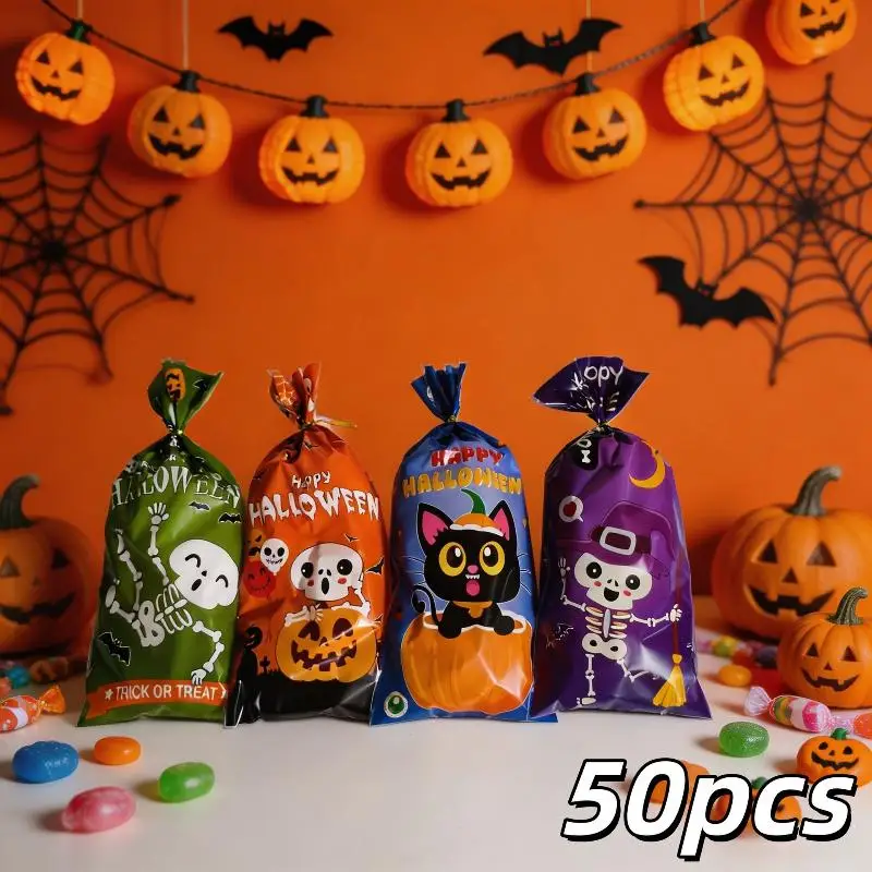 50Pcs Halloween Candy Treat Bags Cartoon Ghost Pumpkin Skeleton Pattern PP Gift Pouches For Halloween Party Snack Packaging