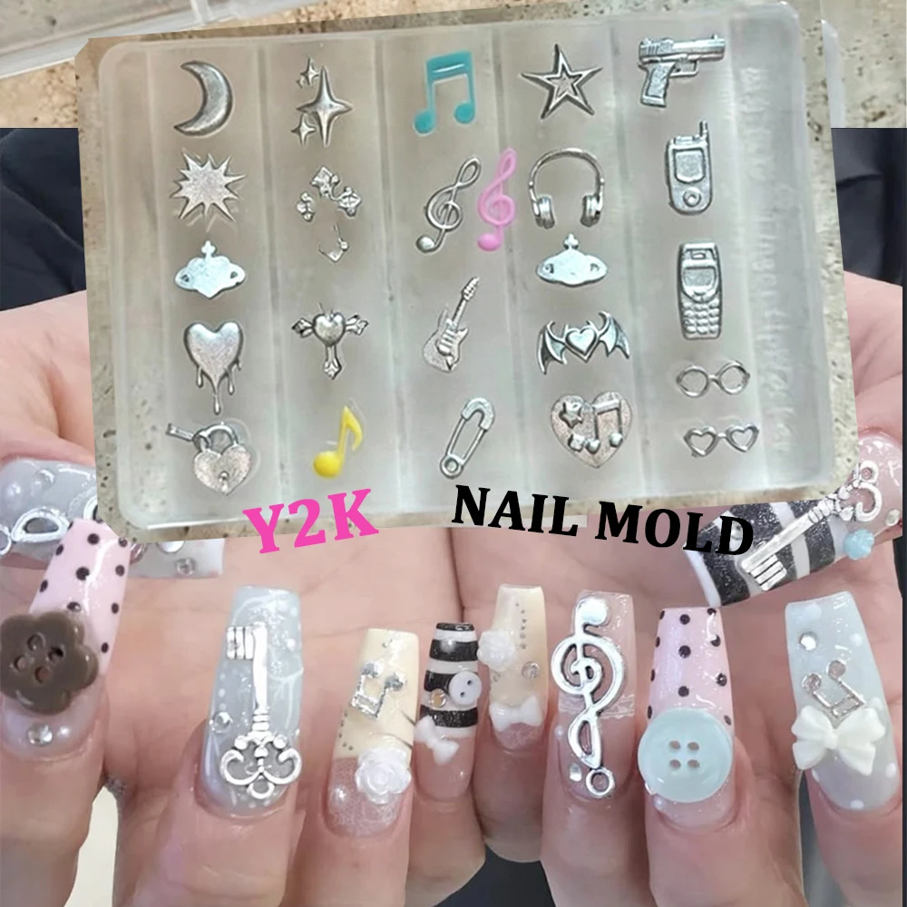 1 Stück 3D Y2K Punk Silikon-Nagelform, Stern Mond Kreuz Musiknote Gitarre Herz Harz UV-Gel-Form DIY Nagelkunst Charm Maniküre Deko – Detail 3