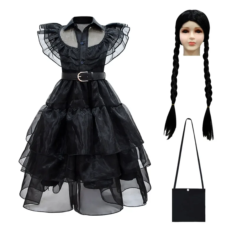 2023 Wednesday Addams Costume Girls For Kids Addam Vestidos Mesh Party Dresses Carnival Costume Wowan Halloween Costume