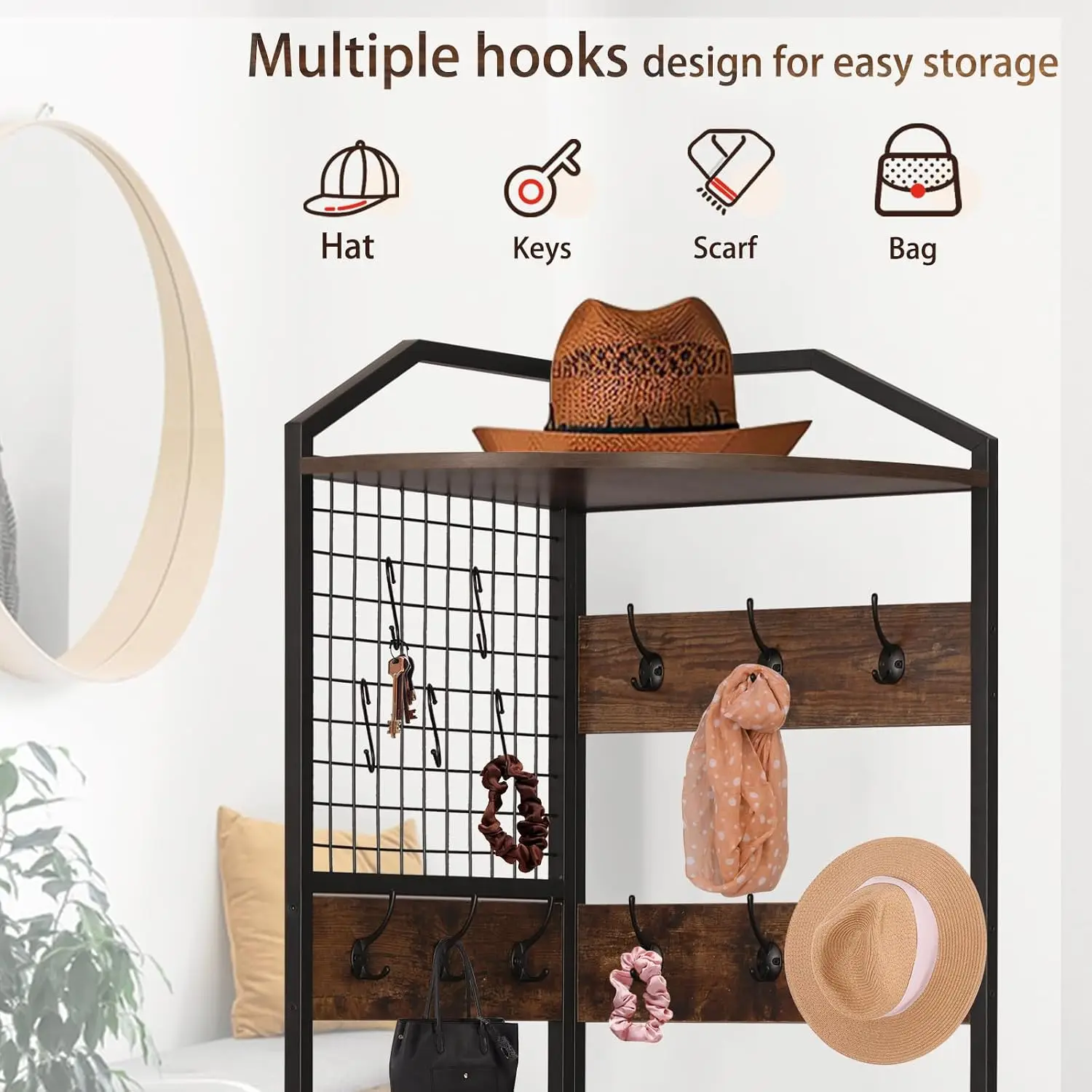 Corner Coat Rack, Coat Rack with Shoe Storage, Hall Tree with Bench and Shoe Storage, Freestanding Shelves with 14, Customized view 5