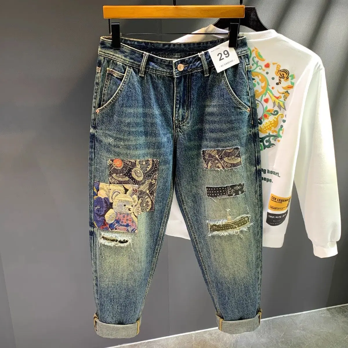High Street Luxury Jeans for Man Original Brand Retro Ripped Loose Harlan Men's Spring Summer Sticker Cargo Harem Trousers Men