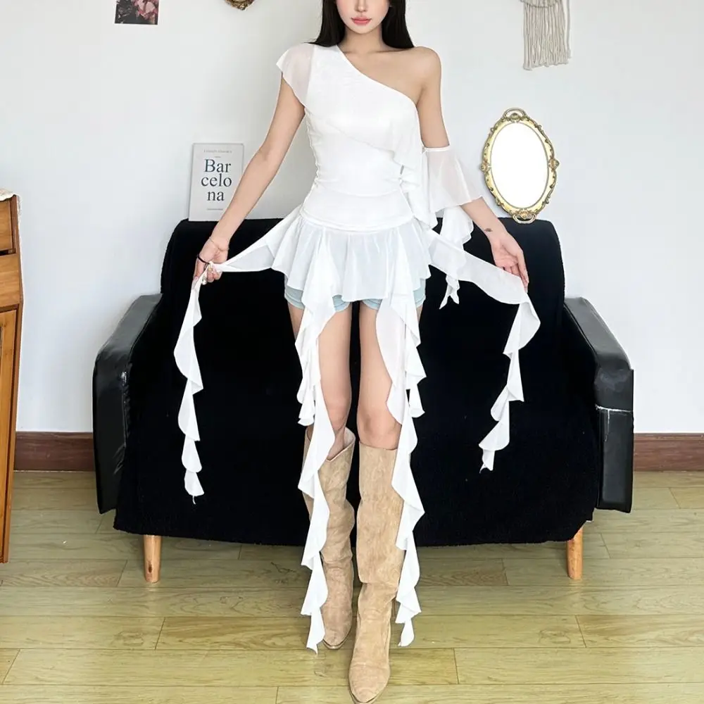 أحزمة مكشكشة غير منتظمة على الموضة للنساء تنورة طويلة Y2K صغيرة مثيرة شفافة من خلال ستارة الورك للصيف