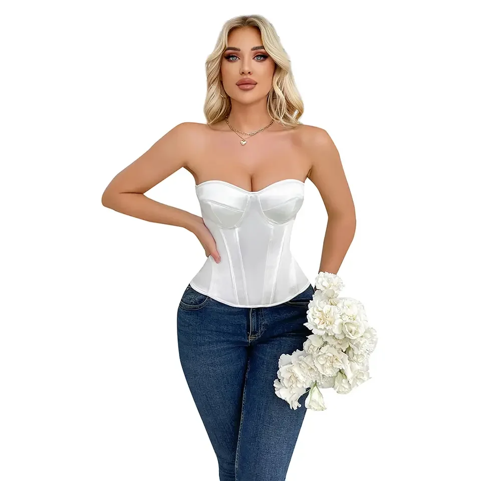 

White Corset Top Women Gothic Overbust Lace Up Bustiers Victorian Sleeveless Steampunk Waist Shaper Padded Cup Corselet