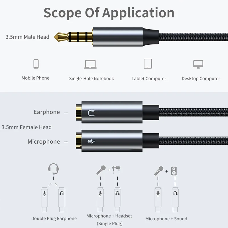 Adapter słuchawkowy mikrofon słuchawkowy Y kabel splittera 3.5mm AUX Stereo męski na żeński Separator wtyczek mikrofonowych z separatorem mikrofon Audio