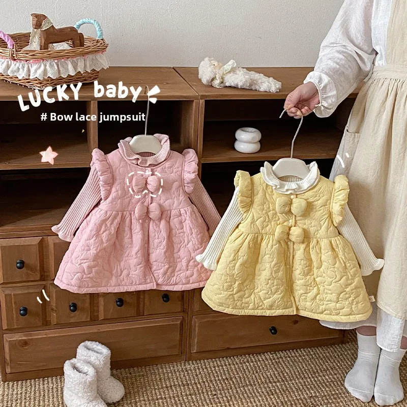 

Супер милое платье принцессы для девочек, новинка 2025, зимний детский стильный утолщенный комбинезон с бантом, детская юбка