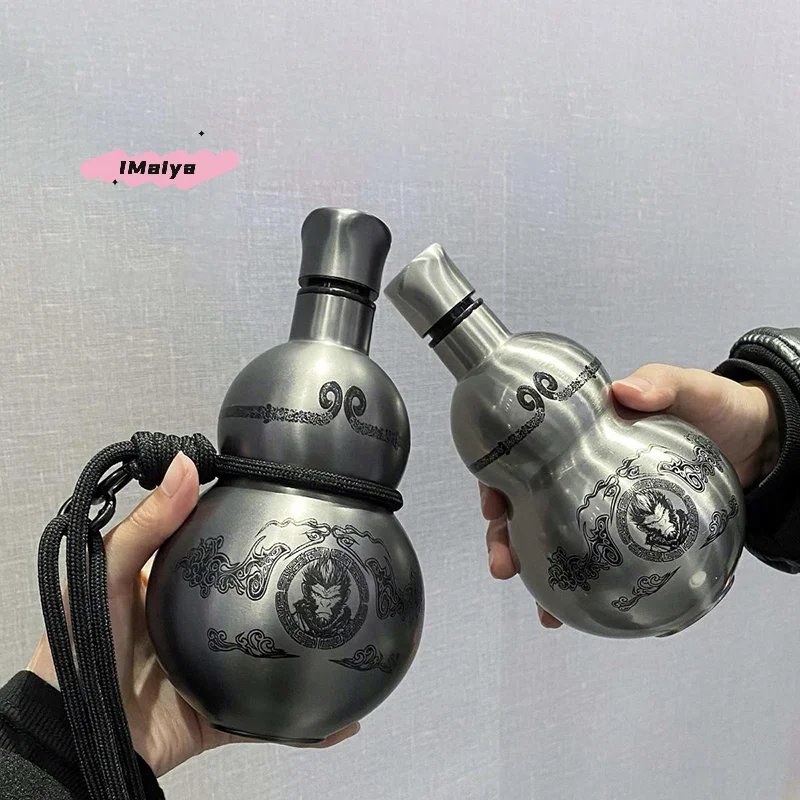 

500ml Portable Stainless Steel Insulated Water Bottle Wukong Theme Gourd Style Black Insport Game Role-playing Sport Water Bottl