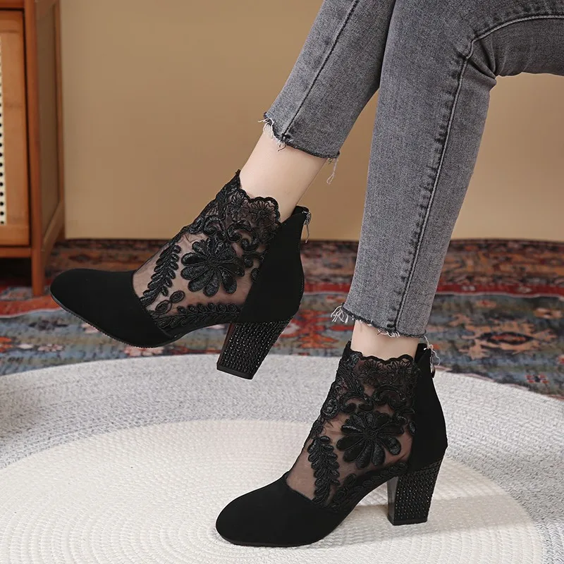 Summer Breathe Mesh Boots on Sale 2024 Women's Ankle Boots Sweet Flower High Heel Booties Round Toe Zip Lady Shoes Zapatos Mujer