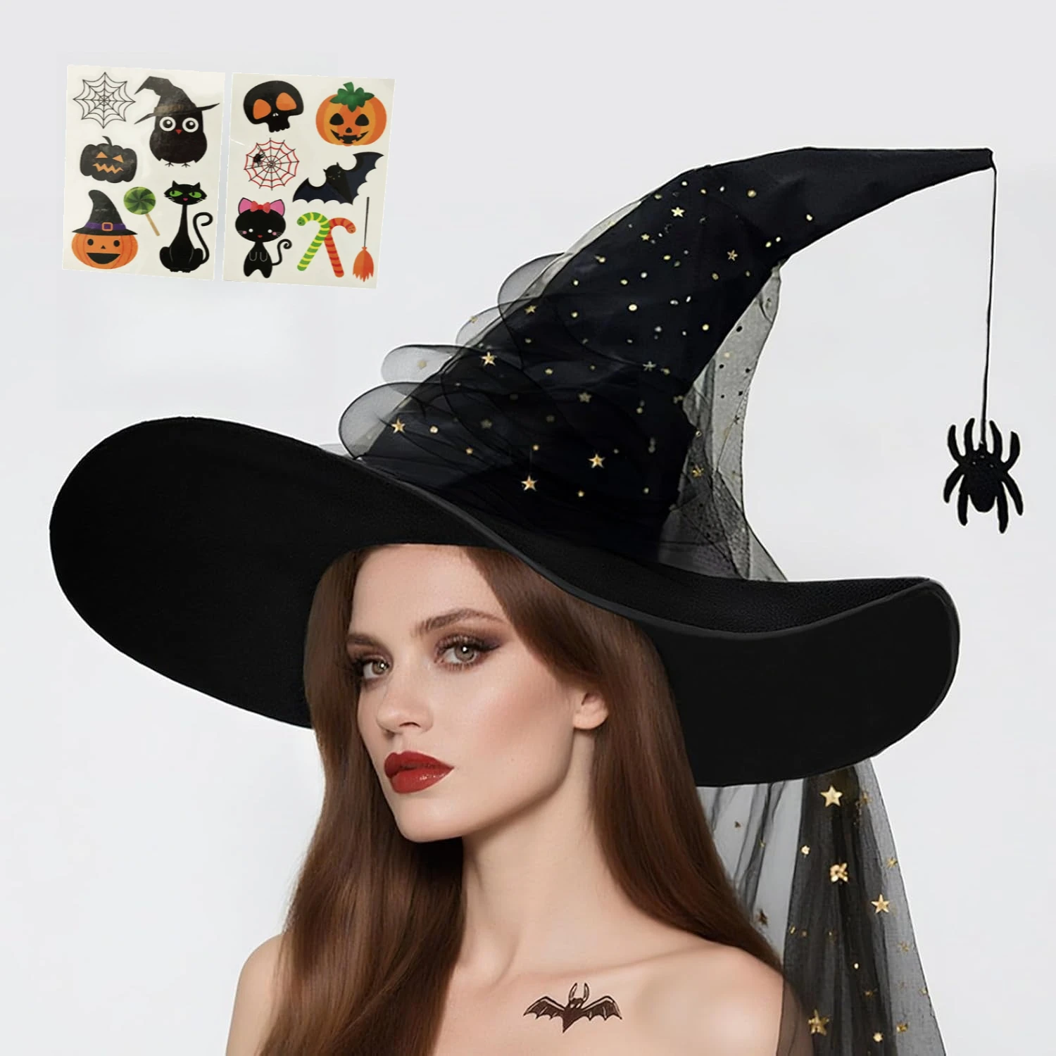 

Halloween Witch Hats Set Costume Accessory, Black Witch Hats With Fringe, Spider & Veil Decor Gothic and Vintage Style For Party