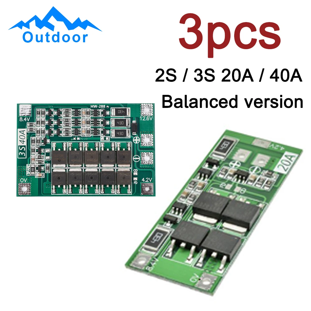 3PCS 2/3S Lithium Battery Protection Board Li-ion Lithium Battery PCB Protection Board Module Board with Balance Charging 20/40A