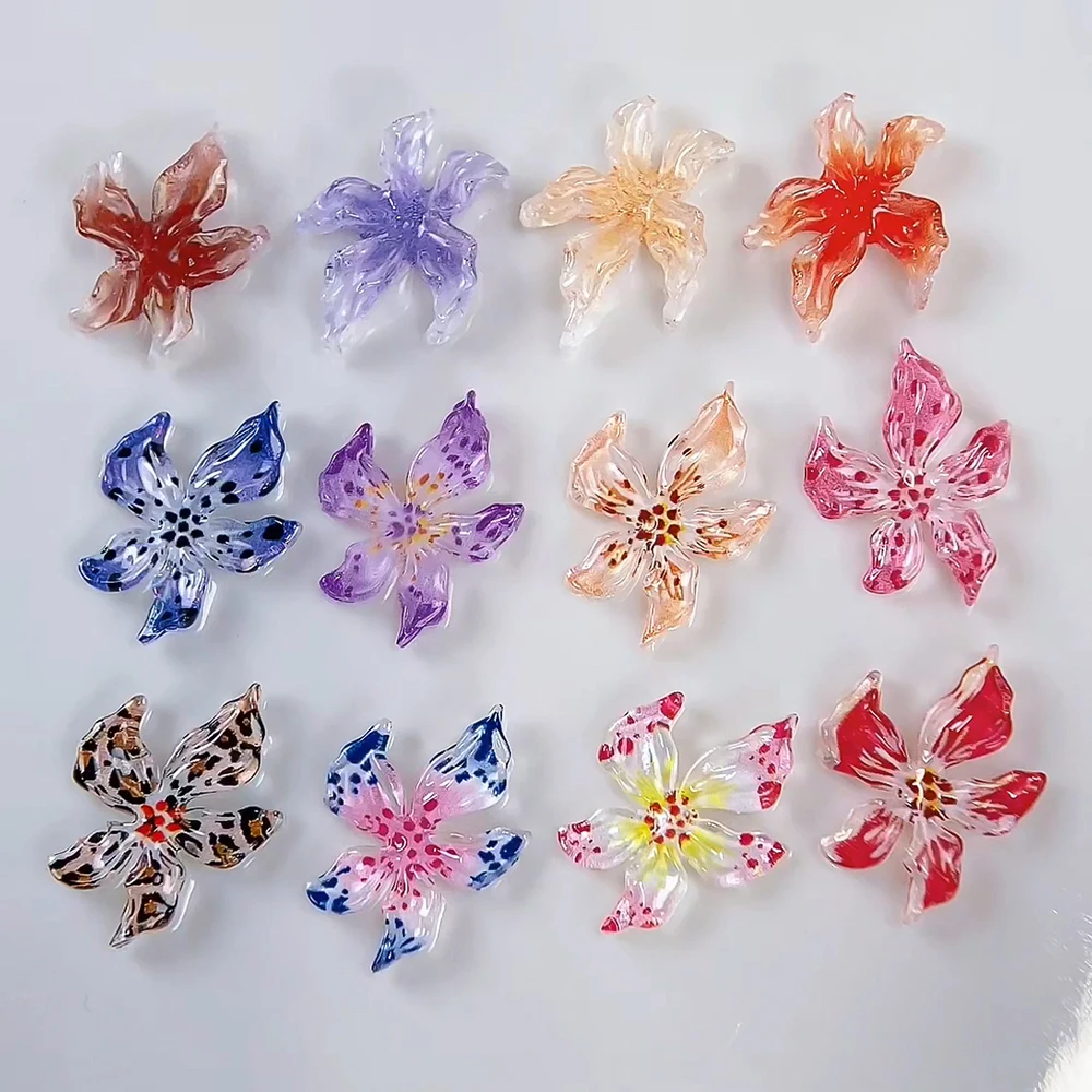 60pcs/Box 3D Ice Crystal Flower Design with Leopard Print Nail Art Charms Lily Flower Nail Art Decor Acrylic Floral DIY Manicure