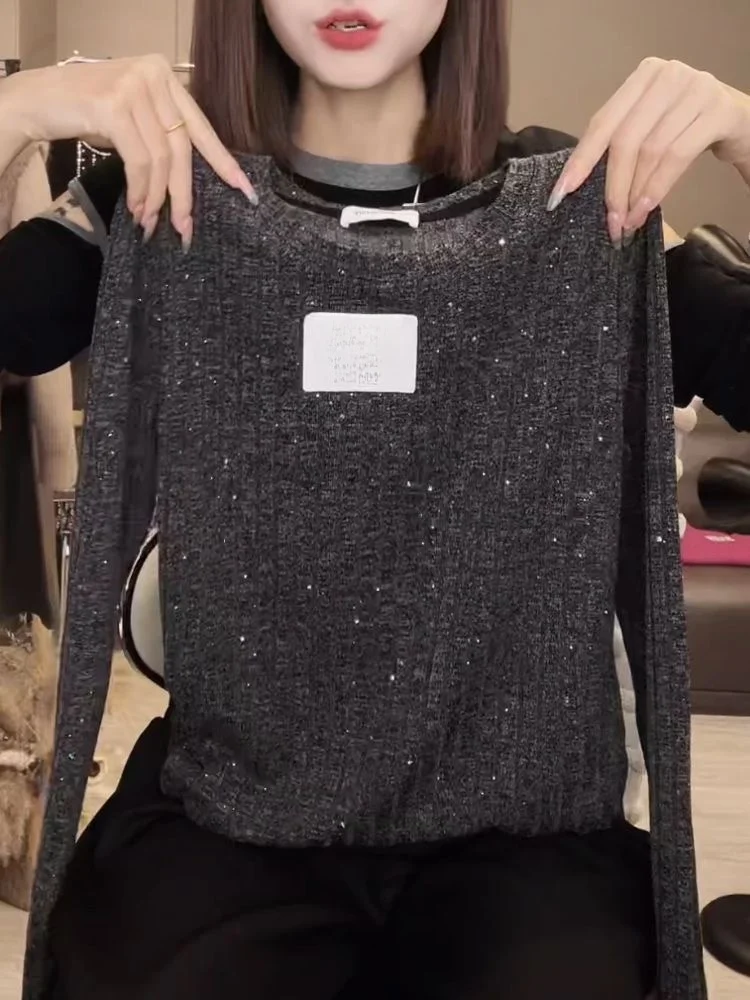 Fall Winter Grey Long Sleeve Sequin Brushed Texture Women's Top Fashionable Loose Slimming High-End Feel Commute Style T-shirt