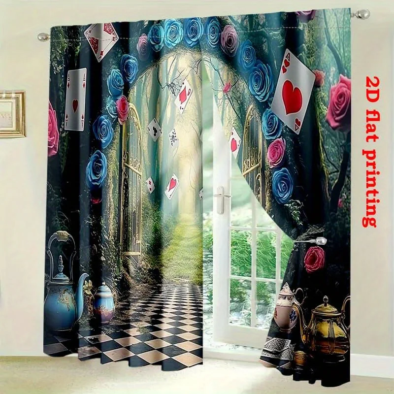 Fantasy Story Curtain Panels,Floating Cards Colorful Roses Vintage Teapot Magical Forest Pattern Drapes for Kids Room Home Decor