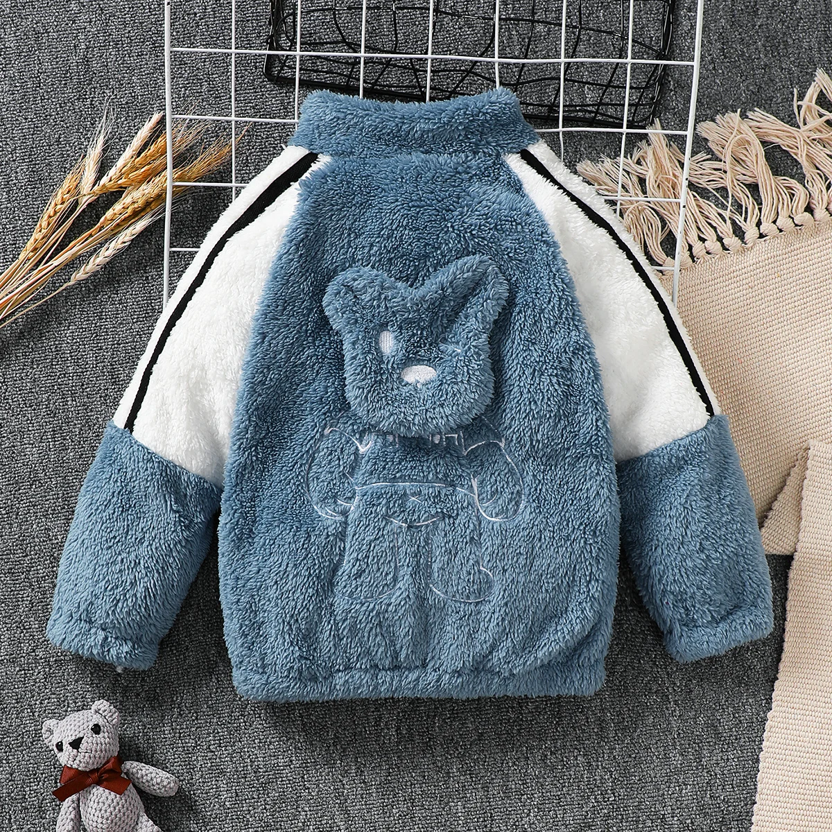 4-7-year-old boys and girls autumn and winter teddy bear double-sided velvet contrasting color splicing zipper long sleeved coat