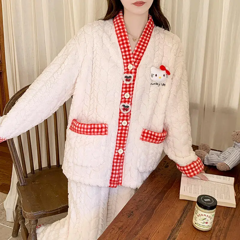 

Sanrio Hello Kitty Women's Flannel Coral Fleece Pajamas Set New Autumn Winter Plush Thickened Cute Home Loungewear Sleepwear