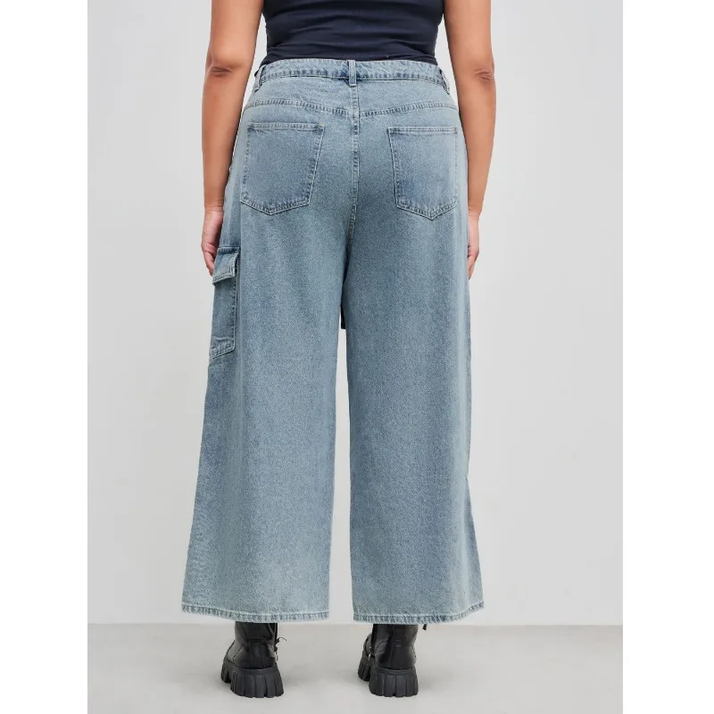 Women's Loose Fit Denim Jeans Elastic Waistband Casual Wide Leg Pants Large Size Versatile Simple Design with Pocket Unique Styl view 5