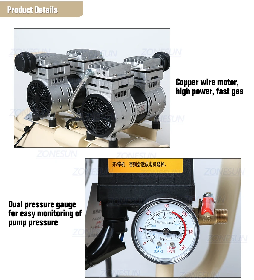 750W 50L Pure Copper Piston Type Mute Oil-Free Air Compressor For Woodworking Paint Portable Air Pump