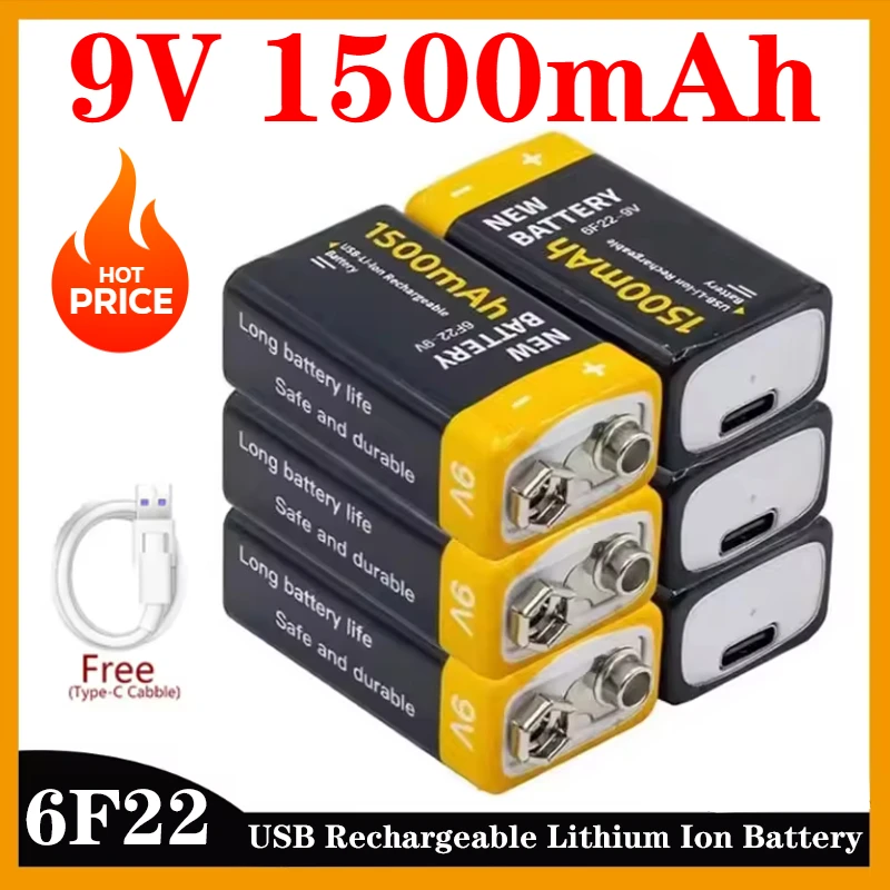 New 6F22 USB Rechargeable Lithium Ion 9V 6F22 1500mAh Battery for Fire Smoke Sensor Gas Sensor Metal Detector Fire Equipment