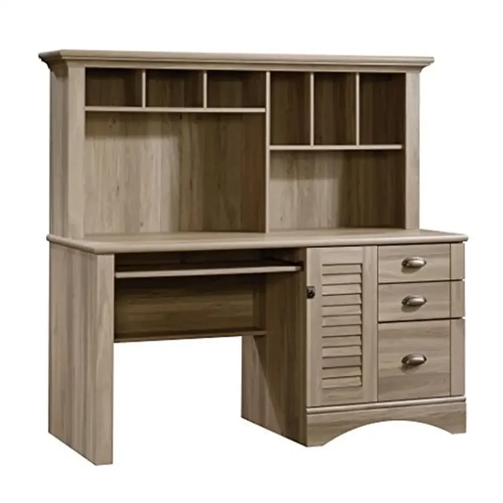 

Computer Desk with Hutch Storage Slide-Out Keyboard Metal Runners Salt Oak Finish 3 Drawers CPU Tower Shelf Cubbyhole Organizer