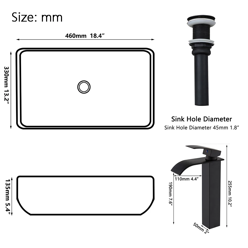 Modern Marble Pattern Ceramic Vessel Sink Set with Matte Black Waterfall Faucet Pop-up Drain Above Counter Bathroom Basin Combo