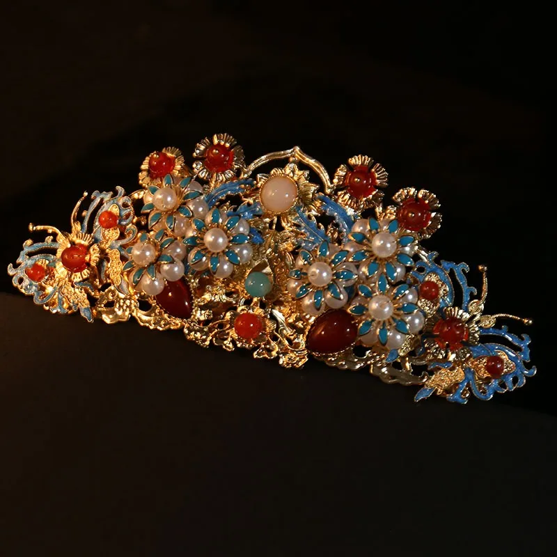 Chinese Traditional Hanfu Wedding Hair Crown Ming Style Filigree Enamel Heavy Craft Luxurious Bridal Headpiece Gift for Women