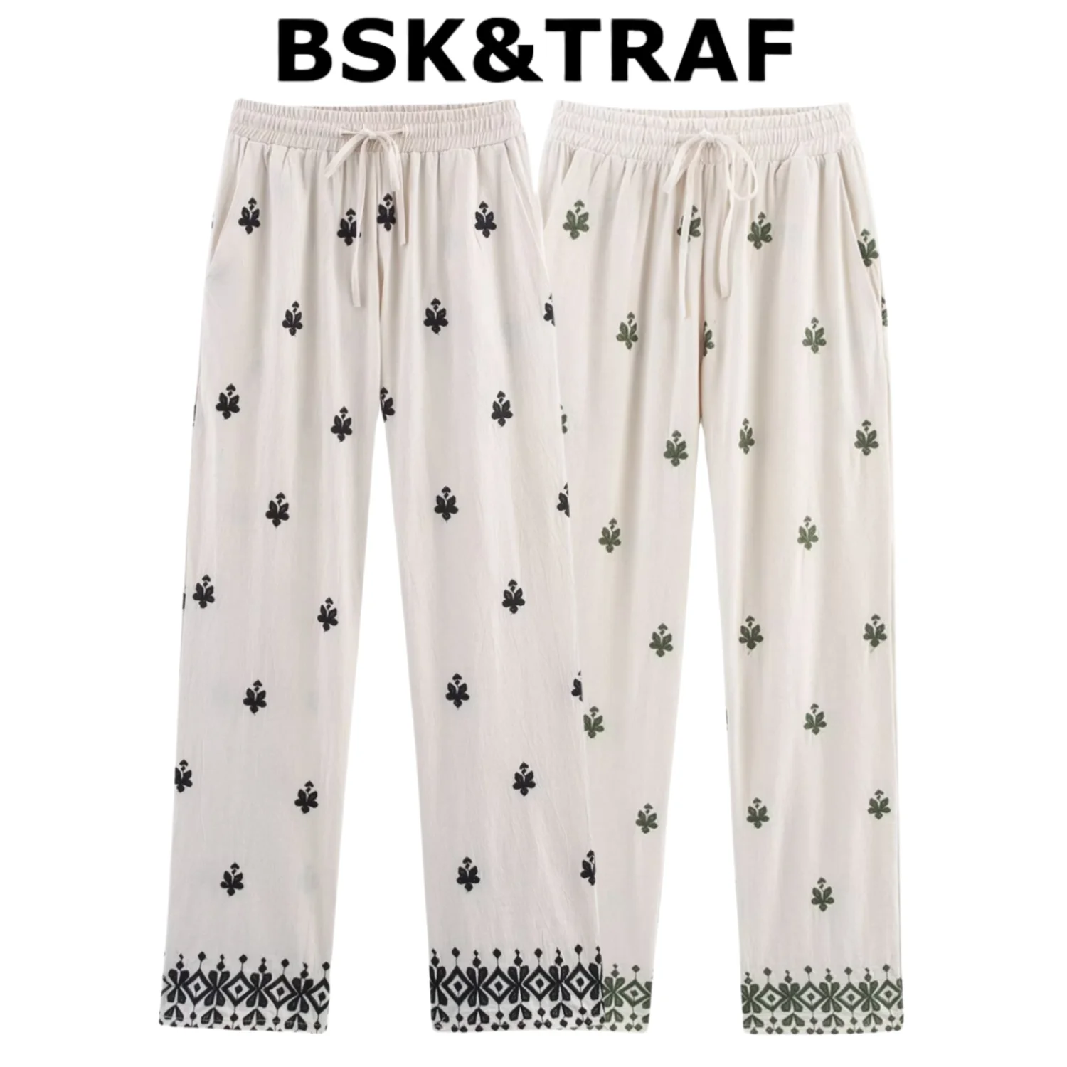 

BSK&TRAF2025 Summer New Products Women's Embroidery Fashion Temperament Wide Leg Elastic Waist Casual Pants 8372/211