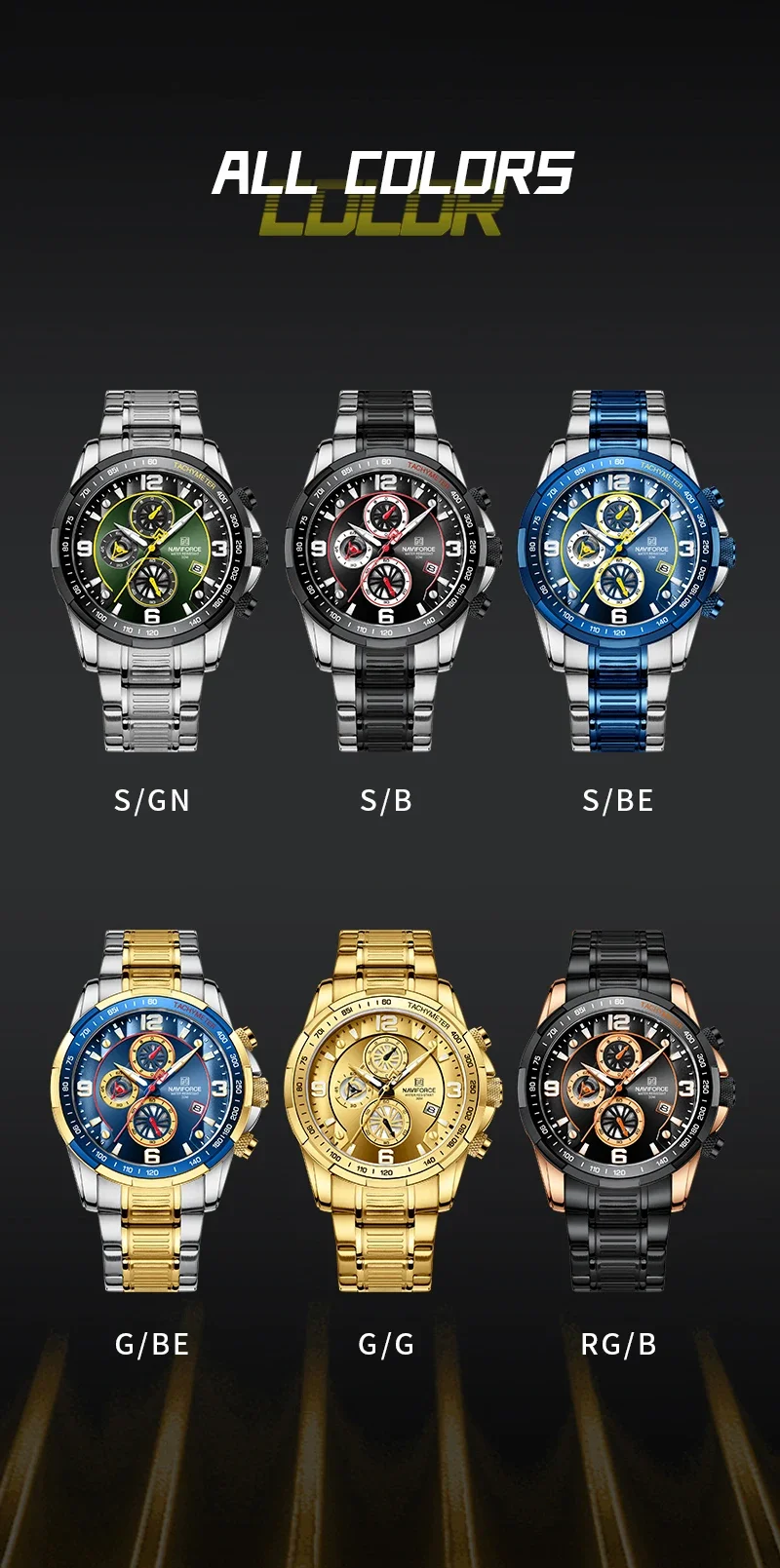 NAVIFORCE 2024 Men Watch Sport Man Wristwatch Top Brand Luxury Blue Military Chronograph Gold Stainless Steel Quartz Male 8020