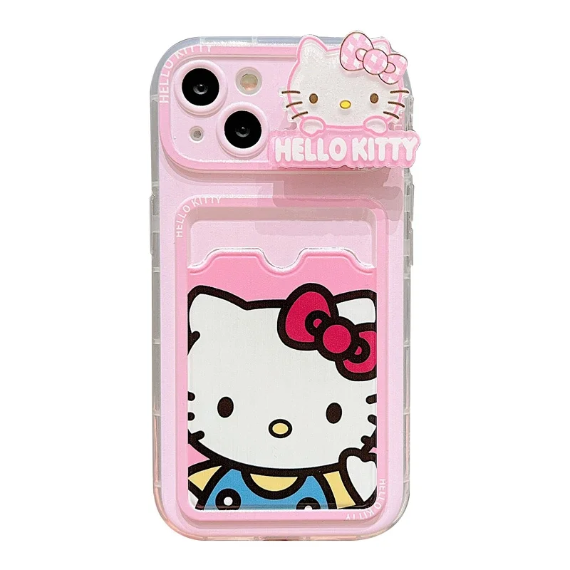 Cute Sanrio Hello Kitty Kuromi Pochacco Card Wallet Pocket Luminous Phone Case For iPhone 15 14 13 12 11 Pro Max Soft TPU Cover