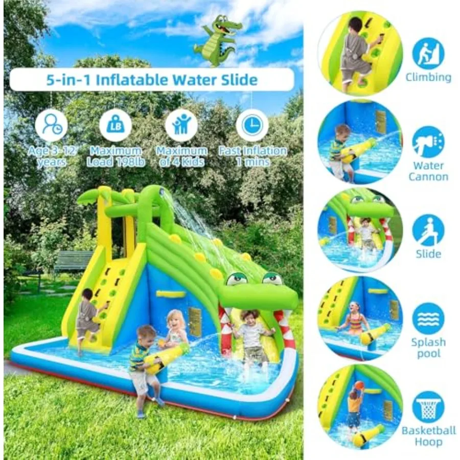 Inflatable Water Slide: 5-in-1 Crocodile Bounce House Water Park for Climbing Wall Splash Pool Water Cannon Basketball Rim PVC view 2