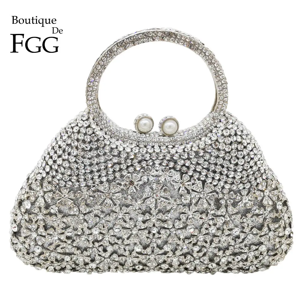 Boutique De FGG elegancki srebrny torebka z kryształkami torby dla kobiet formalne Party Totes torebki ślubne torebki ślubne Rhinestone