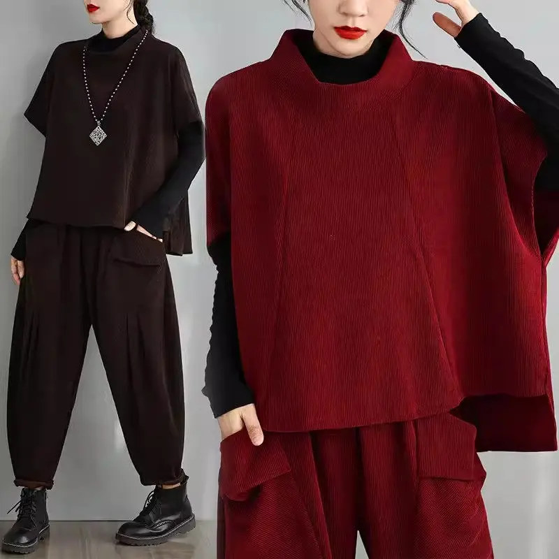 Mode großes Set für Frauen neue Herbst koreanische Harems hose Stehkragen Halbarm Pullover Top zweiteiliges Outfit k2270