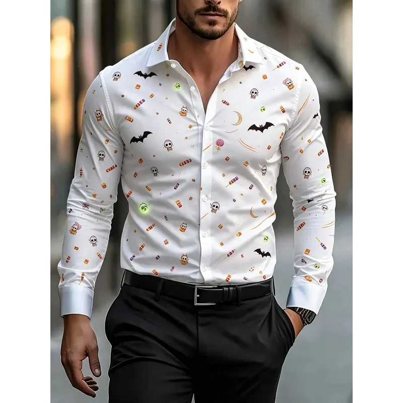 Men's White Black Cat Autumn Leaf Halloween Pumpkin Print Long Sleeve Shirt Casual Turn Down Collar Shirts