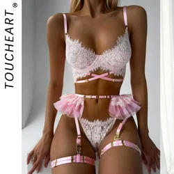 Toucheart Lace See-Through Bow Sexy Lingerie Set For Women Patchwork Mesh Pleated Skirt Garters Sexy Contrast Color Lingerie Set