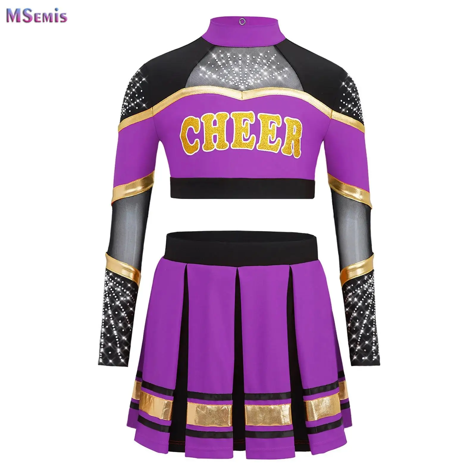 Kids Girls Cheer Leader Costumes Cheer Leading Uniforms Long Sleeves Crop Top Pleated A-Line Mini Skirt Performance Dance Dress