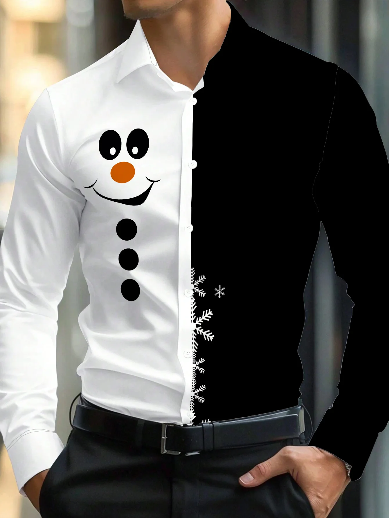 قميص رجالي مطبوع عليه رجل الثلج من إصدار عيد الميلاد الاحتفالي بأكمام طويلة غير قابل للتمدد Btn-Up 2025 ​ ​