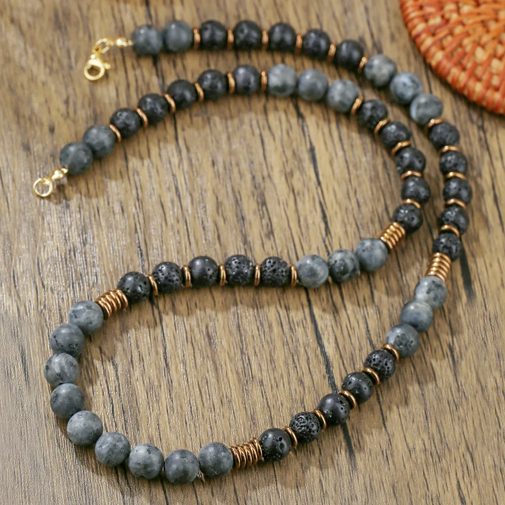1PC Man's Retro Tribal Natural Flash Stone Necklace for Men Ethnic Black Lava Stone Long Beaded Necklace Man Jewelry