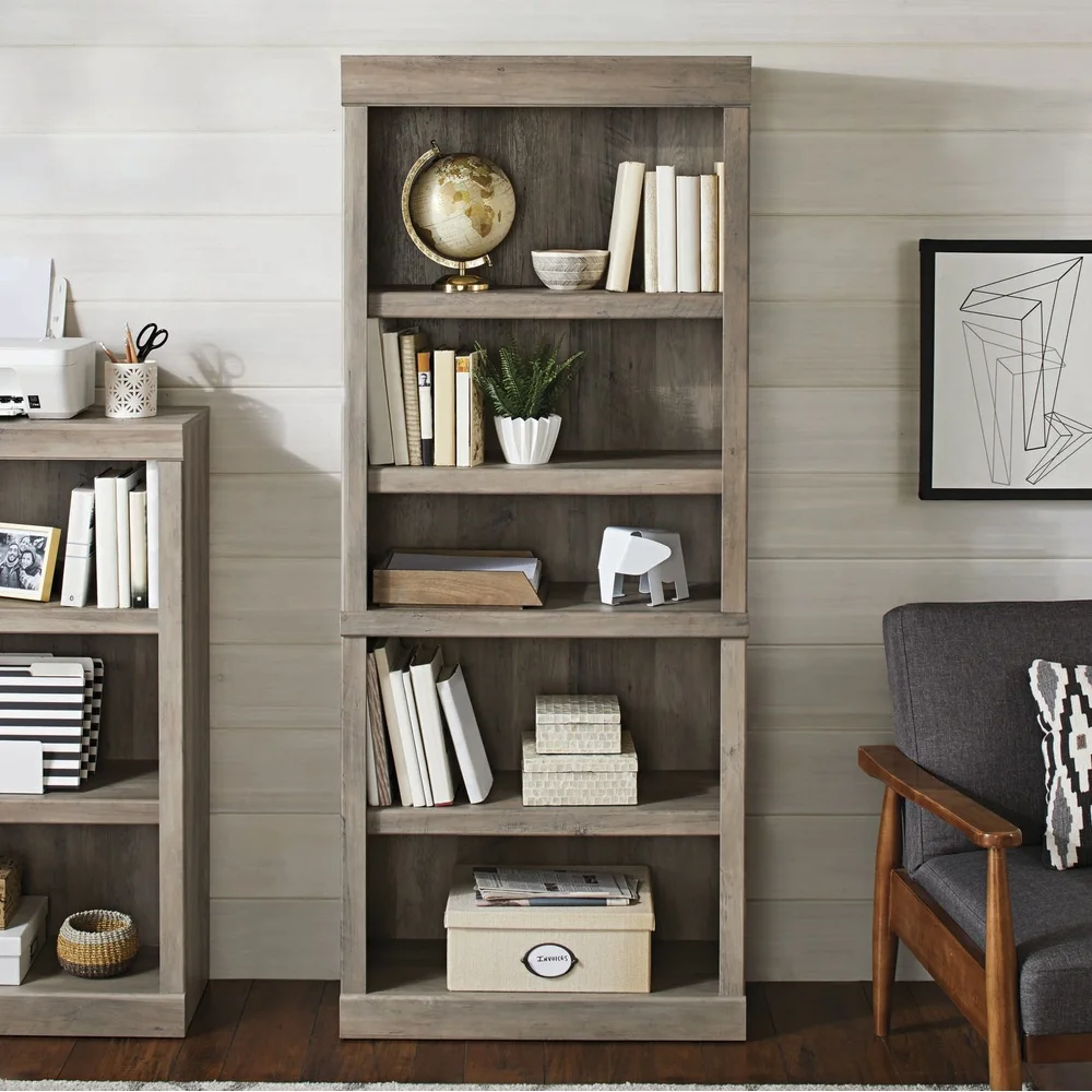 5 Shelf Bookcase Vertical Rustic Gray Wood Customizable Adjustable Shelves Tall Storage Organizer Home Office Display Furniture