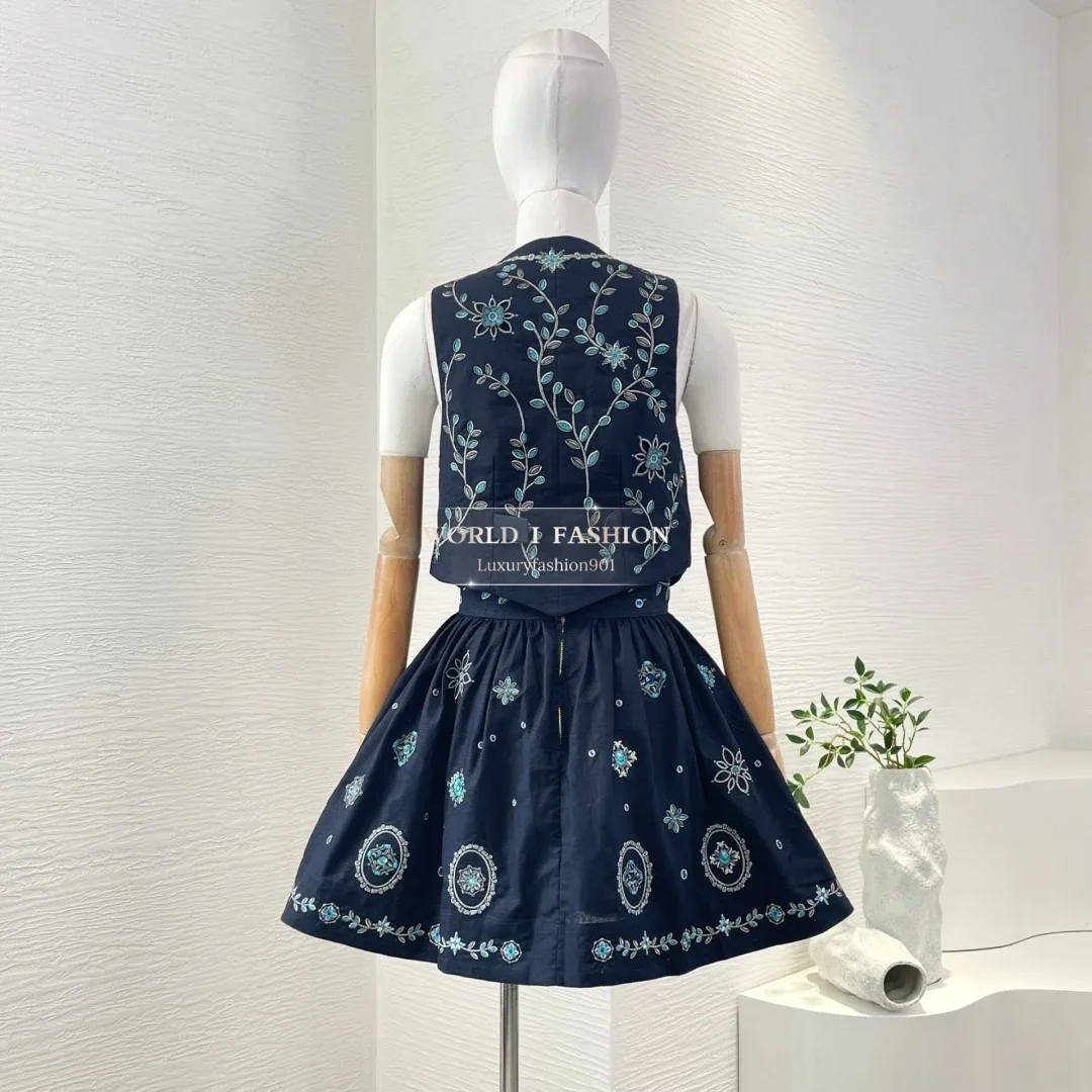 

Embroidery Hollow Pleat Mini Skirt Set 2025 Black Embroidery Hollow Sleeveless Blouse Tops and Black