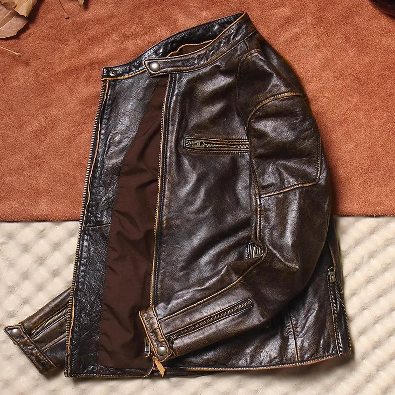 Men\'s leather jacket classic J100 brown and yellow leather retro cowhide motorcycle riding suit short, sportsman, fashion