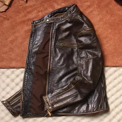 Men's leather jacket classic J100 brown and yellow leather retro cowhide motorcycle riding suit short, sportsman, fashion