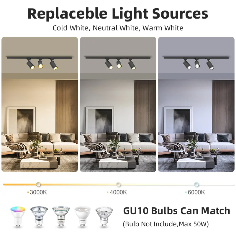 Led Track Light Replaceable GU10 Bulb Track Lamp 110v 220v for Clothing Shop Store Kitchen Living Room Decor Spotlight Lighting