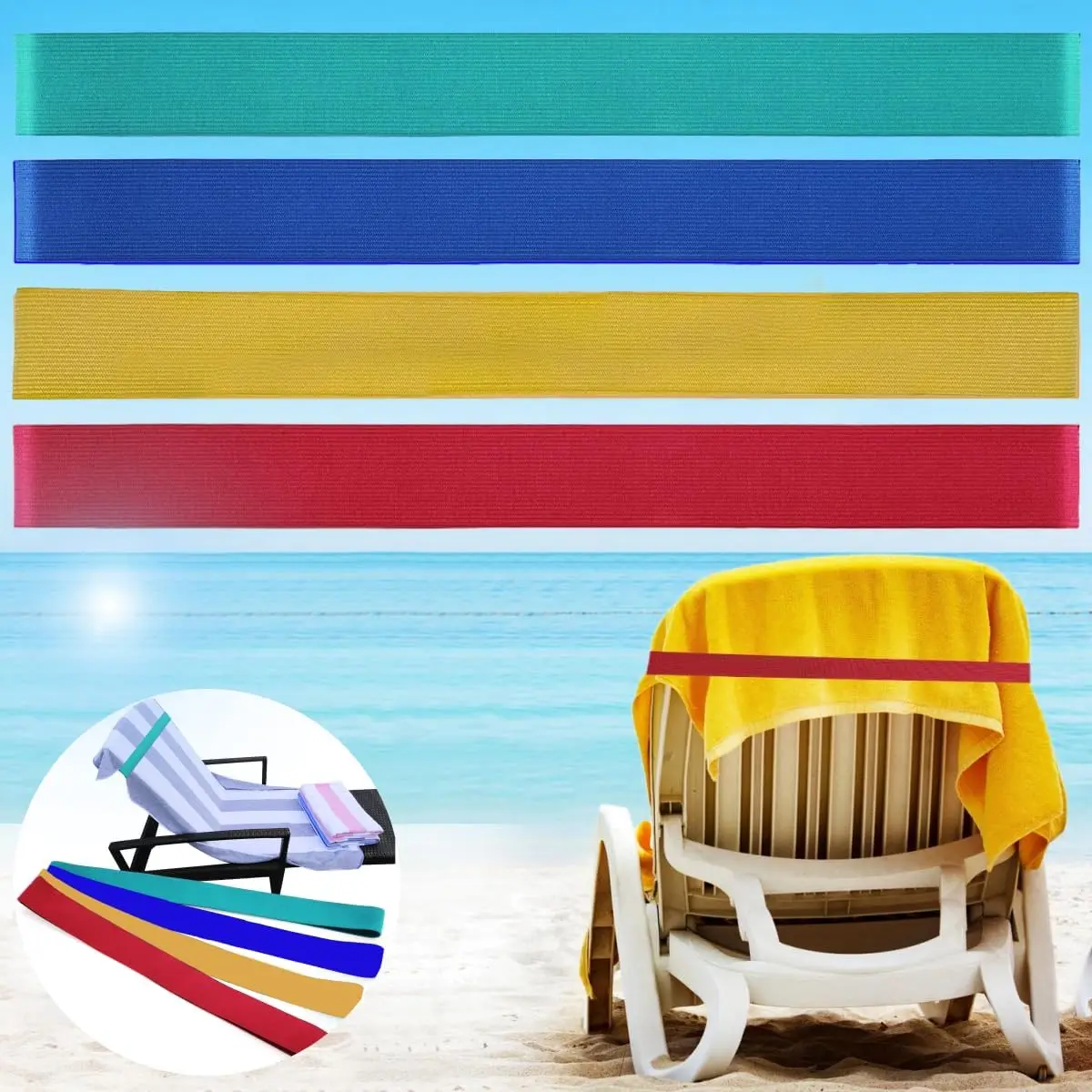

Beach Towel Bands 4 Pack Windproof Clips for Pool Chairs Cruise Essentials
