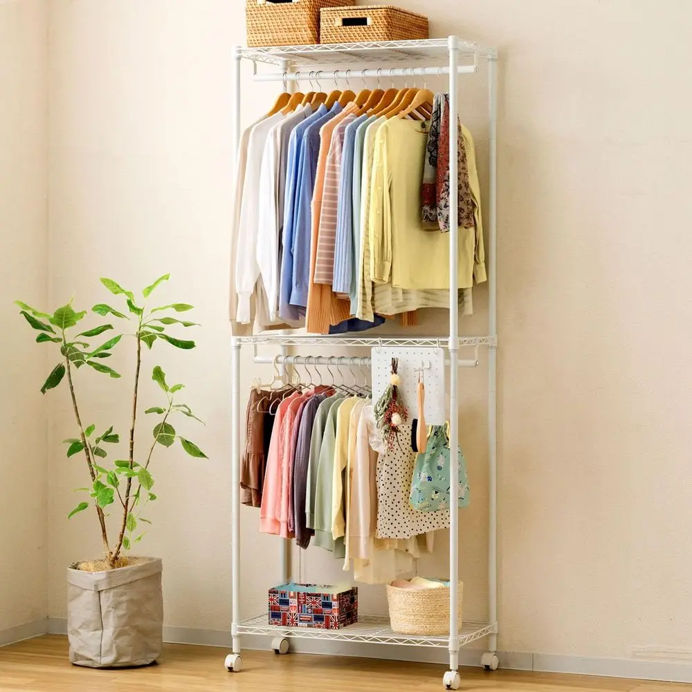 

Two-Tier White Wardrobe, 31.9 x 16.1 x 82.3, Large City, Clean Clothes Storage, Steel Hanger Rack