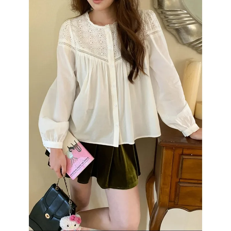 

2026 Women Cotton Blouses Flower Embroidery Hollow Out Deign Womens Tops And Blouses Fashion Shirts Blusas Roupa Feminina