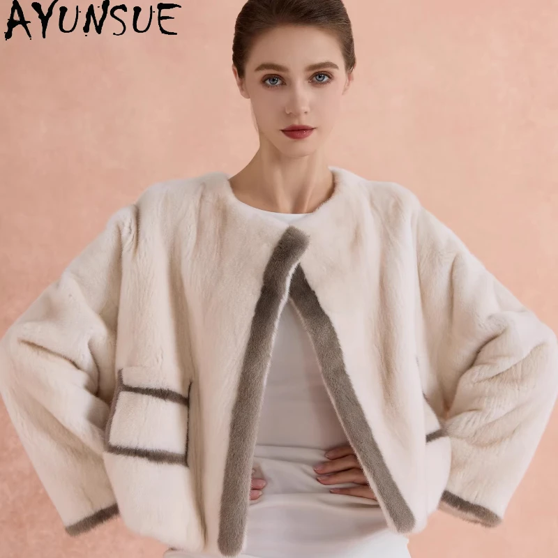 

AYUNSUE Пальто из натурального меха Женская стильная меховая куртка Короткие шубы Женская сага Цельное норковое пальто Женская одежда Зимняя верхняя одежда Шуба