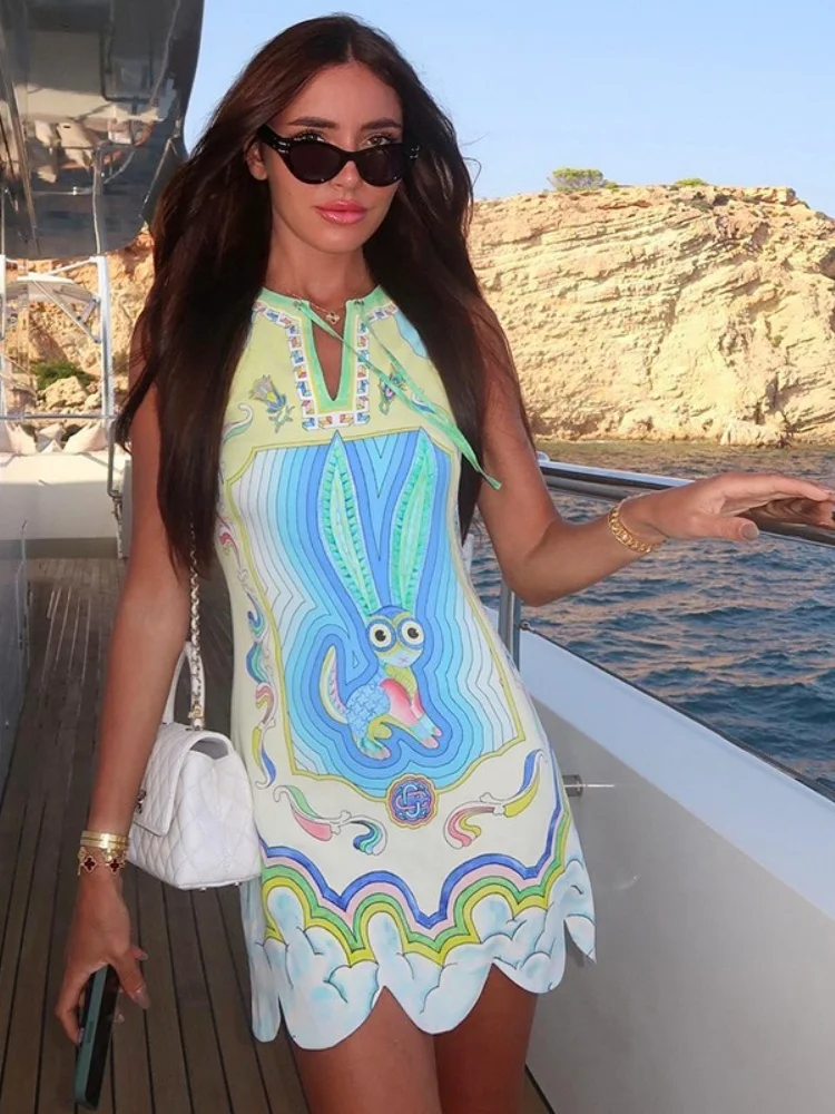 

Cartoon Printing Summer Dress For Women Lace-up Vestidos Elegantes Para Mujer Sleeveless One Piece Streetwear Y2k Clothes Robe
