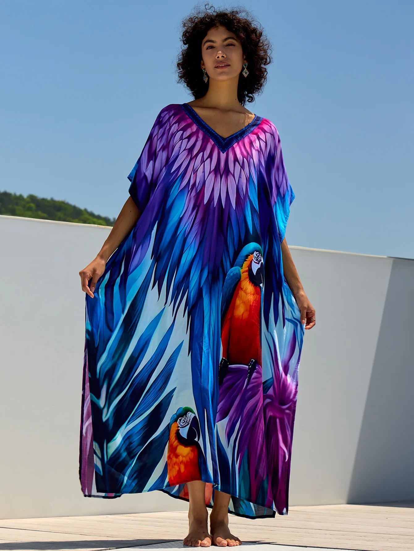 Robe de plage maxi imprimée perroquet pour femmes, kaftans, cover-up pour les maillots de bain, vêtements de vacances d'été, approvisionnement d'usine