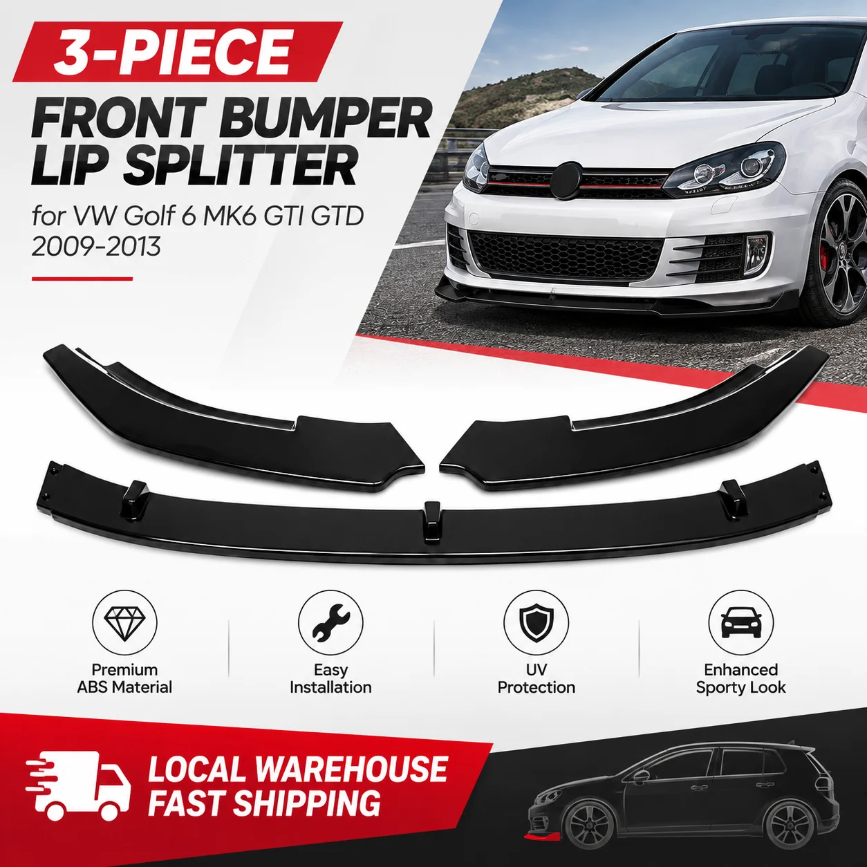 Kit di 3 Pezzi per Paraurti Anteriore Modificato per Volkswagen Golf 6 MK6 GTI GTD 2009-2013, Spoiler, Labbro Anteriore, Copertura Diffusore, Deflettore