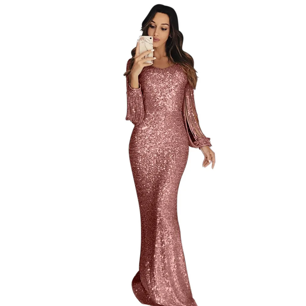 2025 femmes robe à manches longues frange soirée bretelles robes De soirée 2025 élégant perlé robes De bal formelle fête Vestido De Gala