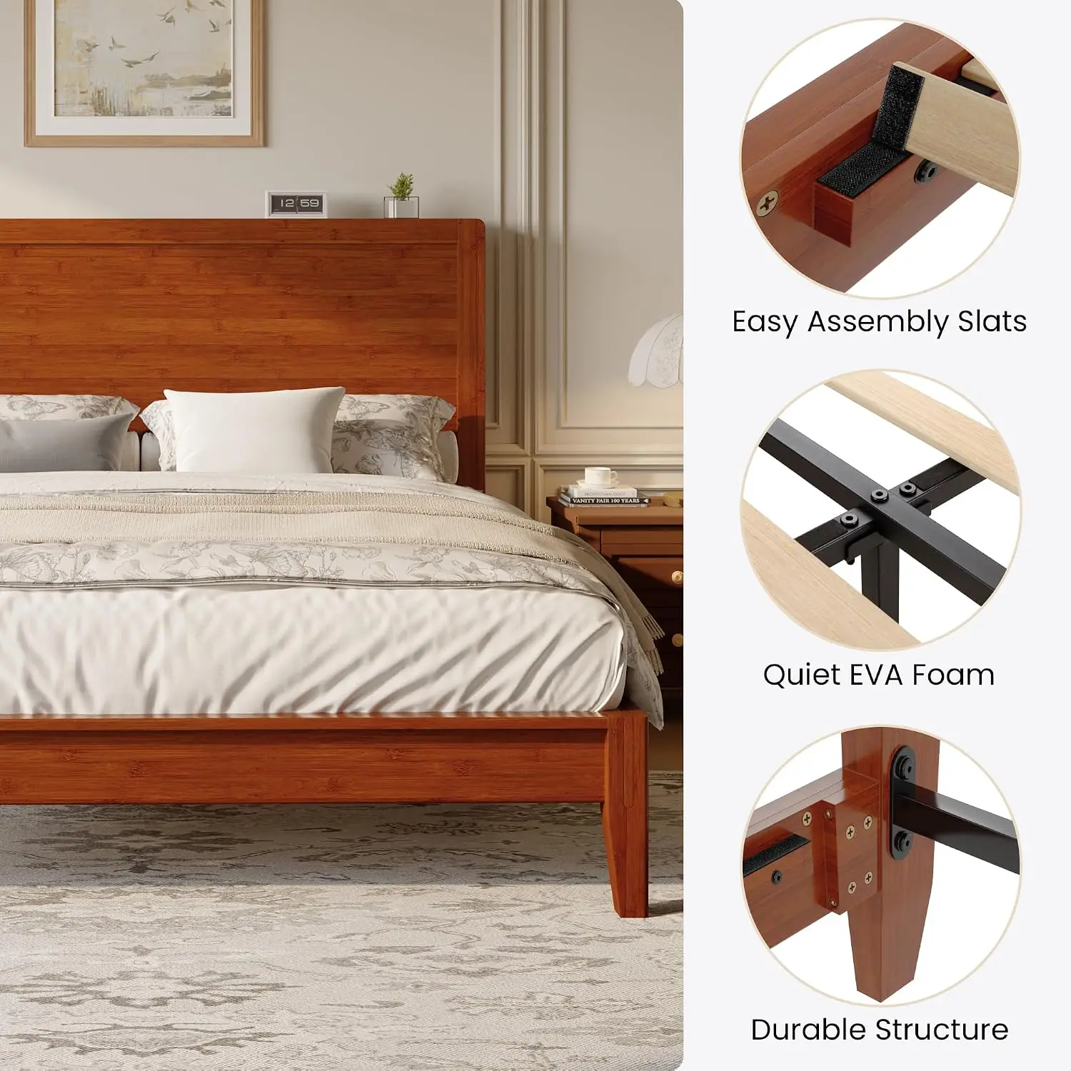 Queen Size Bamboo Bed Frame with Tall Headboard, Japanese Joinery Platform Bed, Sturdy Wood Slat Support, 7.9", Customized - view 6