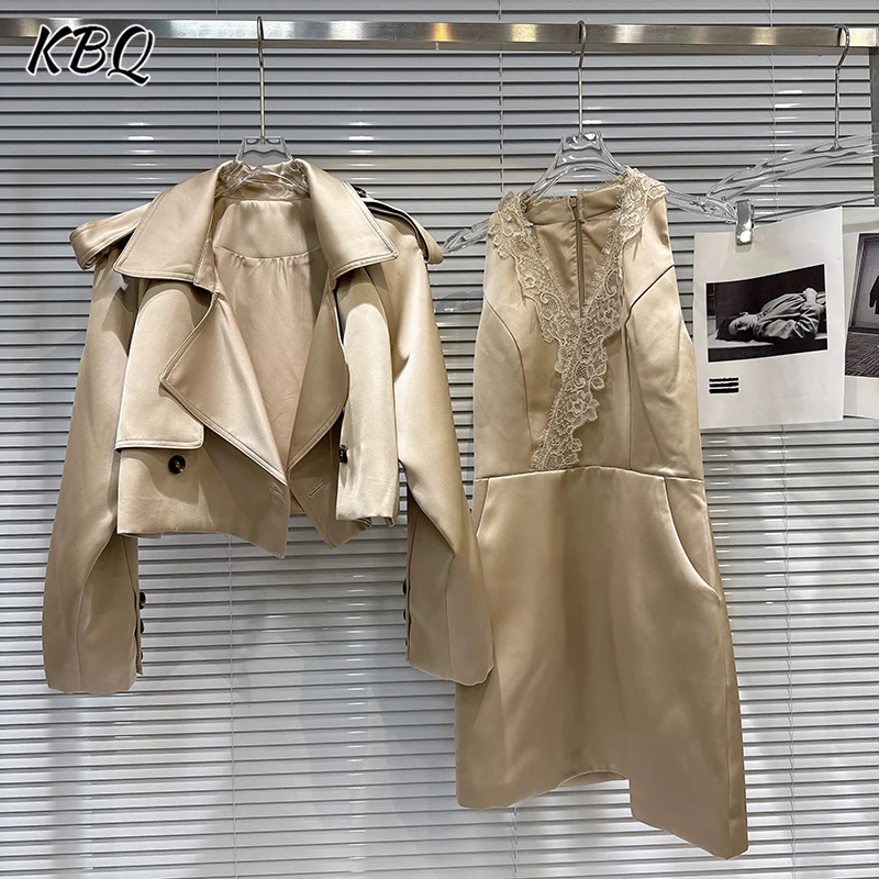 

KBQ Solid Designer Two Piece Sets For Women Lapel Long Sleeve Coat V Neck Sleeveless Dress Elegant Set Female Fashion Style New